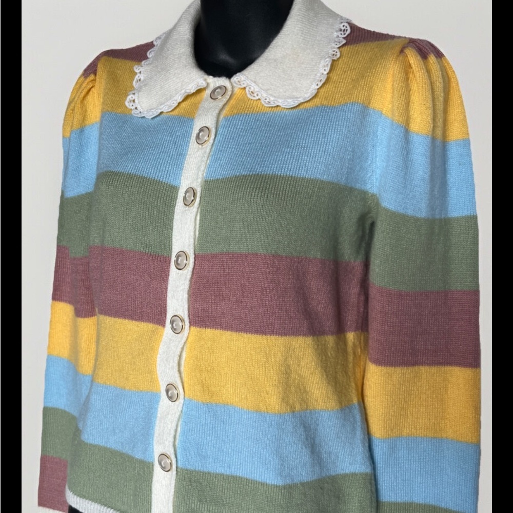 So It Is Striped Cardigan Pearl Buttons Lace Lined Collar Size S